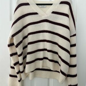 Cozy V-Neck Striped Sweater in Cream and Brown